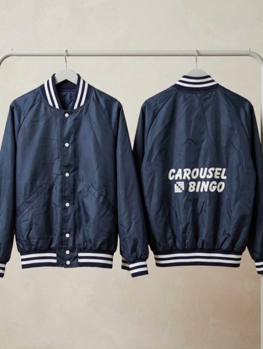 Vtg 1980s Butwin Satin Bomber Coach Jacket Navy Striped Trim Men's S USA Made